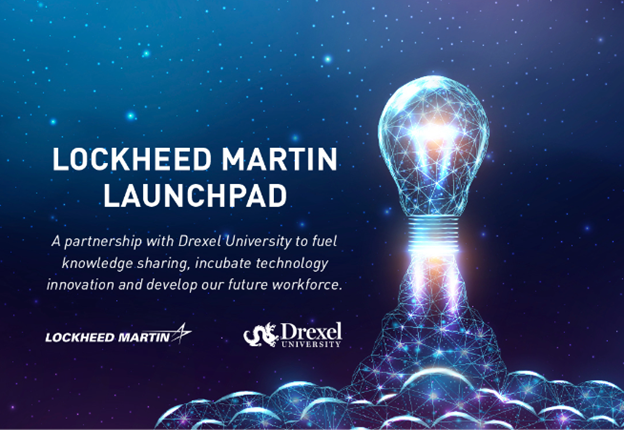 Lightbulb launching with text, "Lockheed Martin Launchpad" and the Lockheed Martin Logo and Drexel University logo 